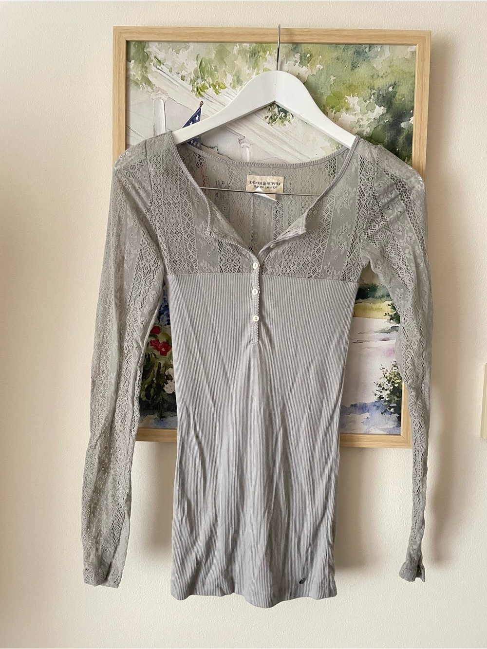 Ralph Lauren Denim & Supply Y2K Vintage Lace Yoke Long Sleeve Henley Top